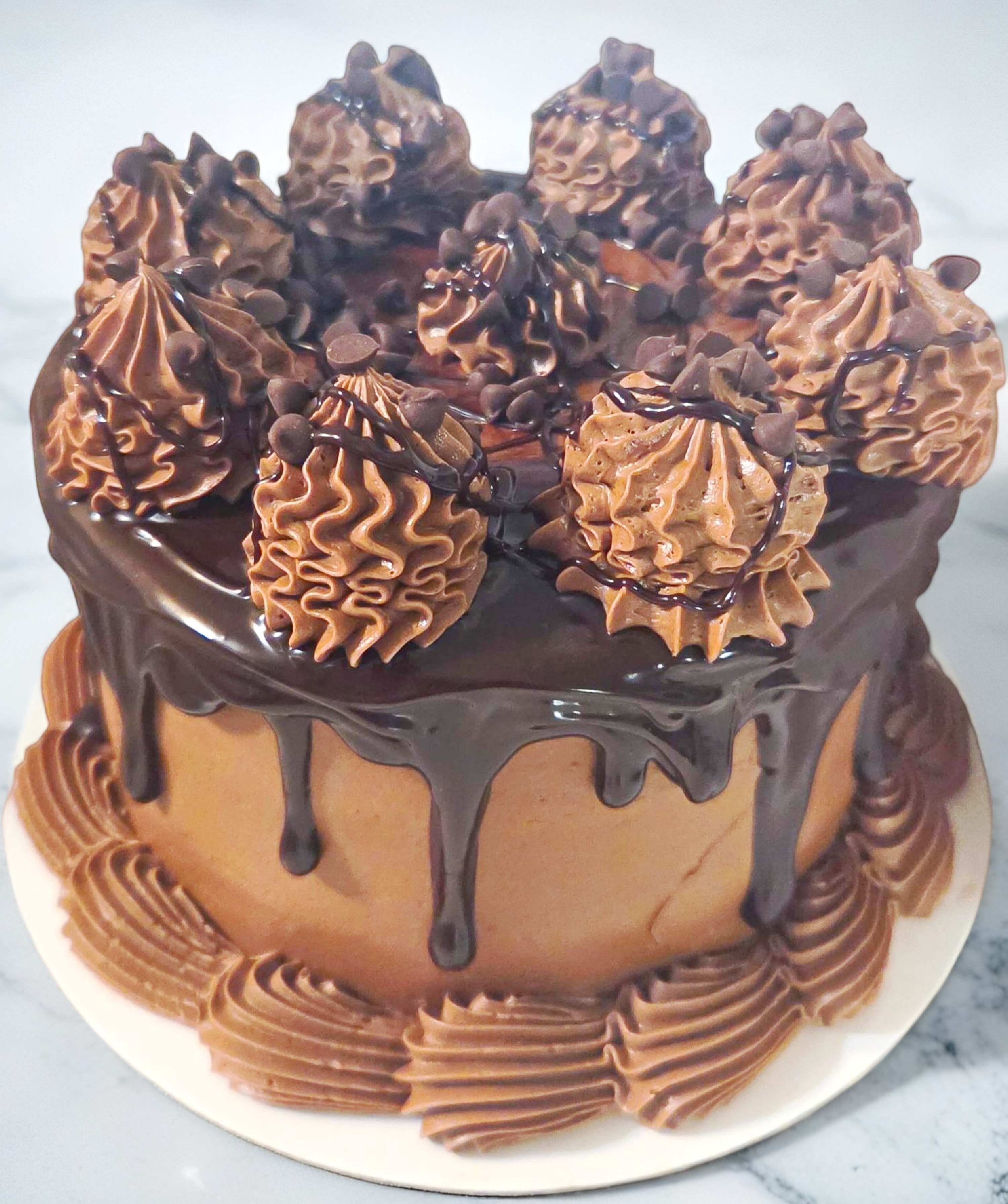 Chocolate cake with piped frosting rosettes